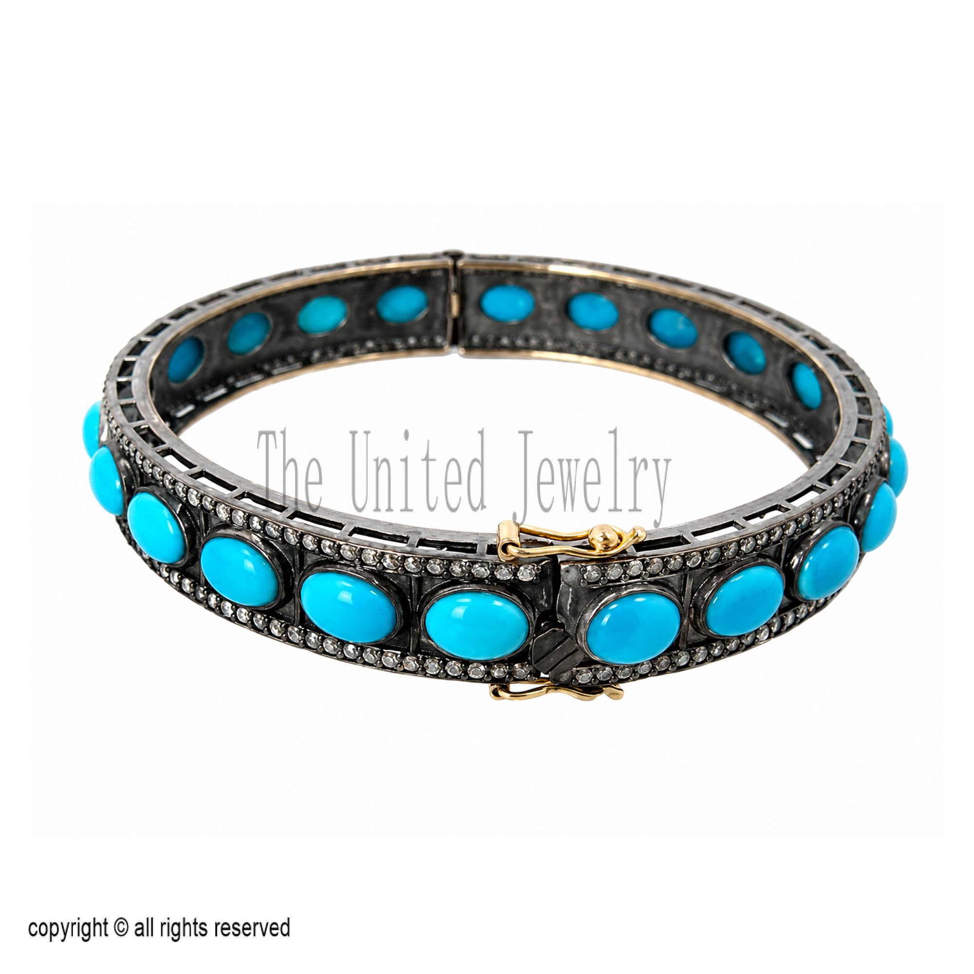 Turquoise and Pavé Diamond Bangle Bracelet in 925 Sterling Silver, Black Rhodium Hinged Bracelet