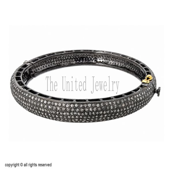 Black Rhodium Pavé Diamond Bangle Bracelet, Sterling Silver Hinged Statement Jewelry