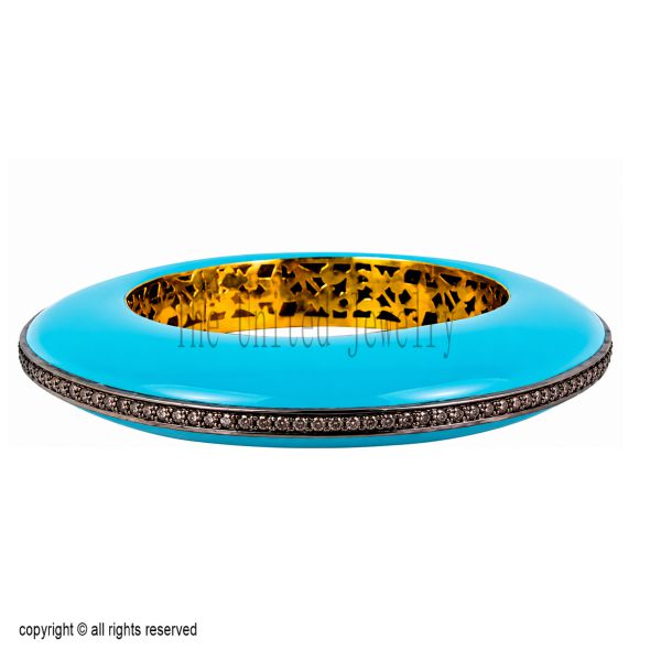 Turquoise Enamel Diamond Bangle Bracelet, 925 Sterling Silver, Black Rhodium Gold Interior