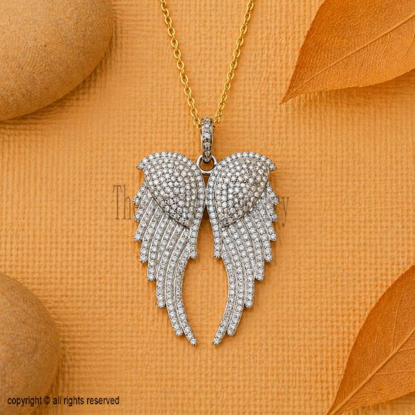 925 Sterling Silver Angel Wings Pendant with Diamond Accents, Guardian Angel Necklace, Wing Charm