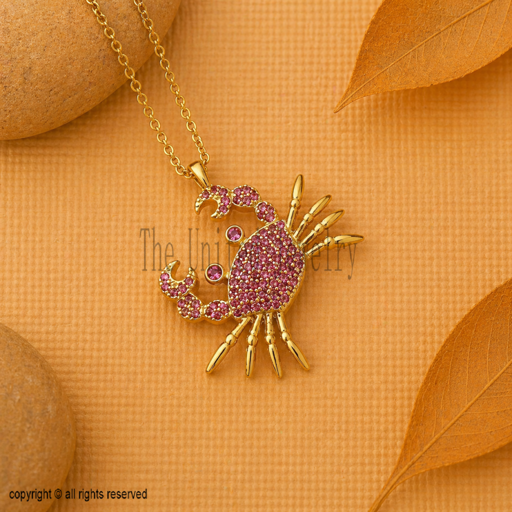 925 Sterling Silver Crab Pendant with Pink Gemstones, Cancer Zodiac Necklace, Gold Crab Charm