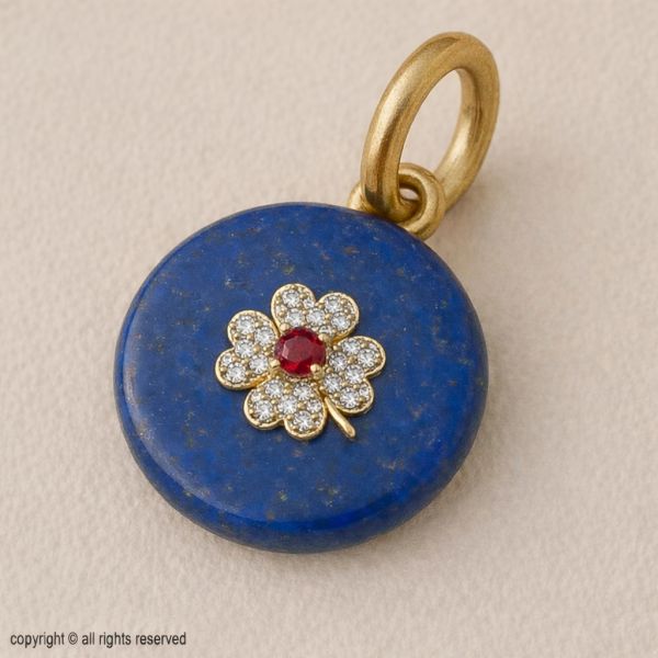 Gold Plated Sterling Silver Lapis Lazuli Clover Pendant | Ruby Red CZ