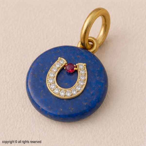 Lapis Lazuli Horseshoe Pendant | Gold Plated Sterling Silver, CZ & Ruby Accent