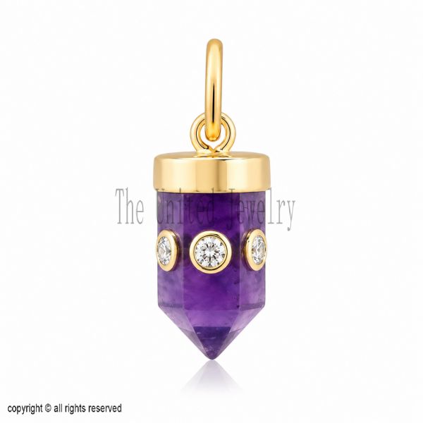Handmade 925 Sterling Silver With Amethyst And Diamond Pencil Charm Pendant Jewelry