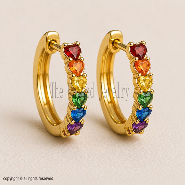 Solid 925 Sterling Silver Heart Shape Rainbow Hoop Earrings | Gold Plated Gemstone Huggie Hoops