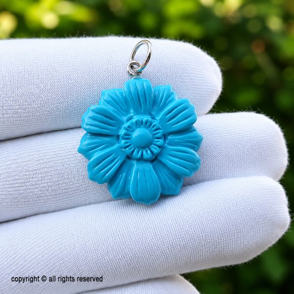 Hand-Carved Turquoise Flower Pendant: Gold Plated Sterling Silver Charm
