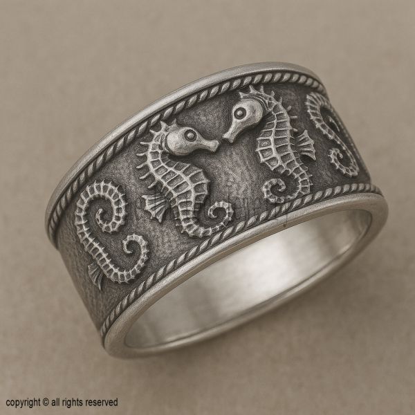 925 Sterling Silver Seahorse Band Ring, Ocean Inspired Wide Ring, Vintage Nautical Silver Ring
