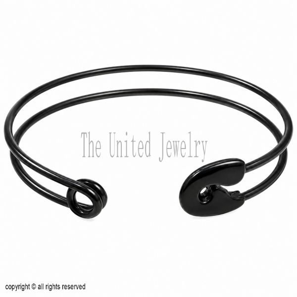 Sterling Silver Safety Pin Cuff Bracelet, Black Rhodium Open Bangle, Unisex Statement Jewelry