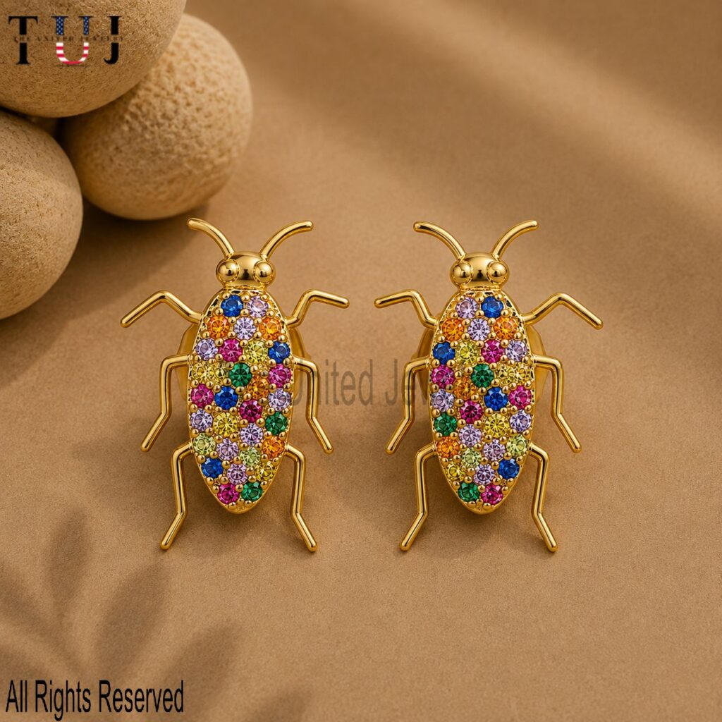 Handmade 925 Sterling Silver Bug Stud Earrings, Rainbow Sapphire Insect Earrings
