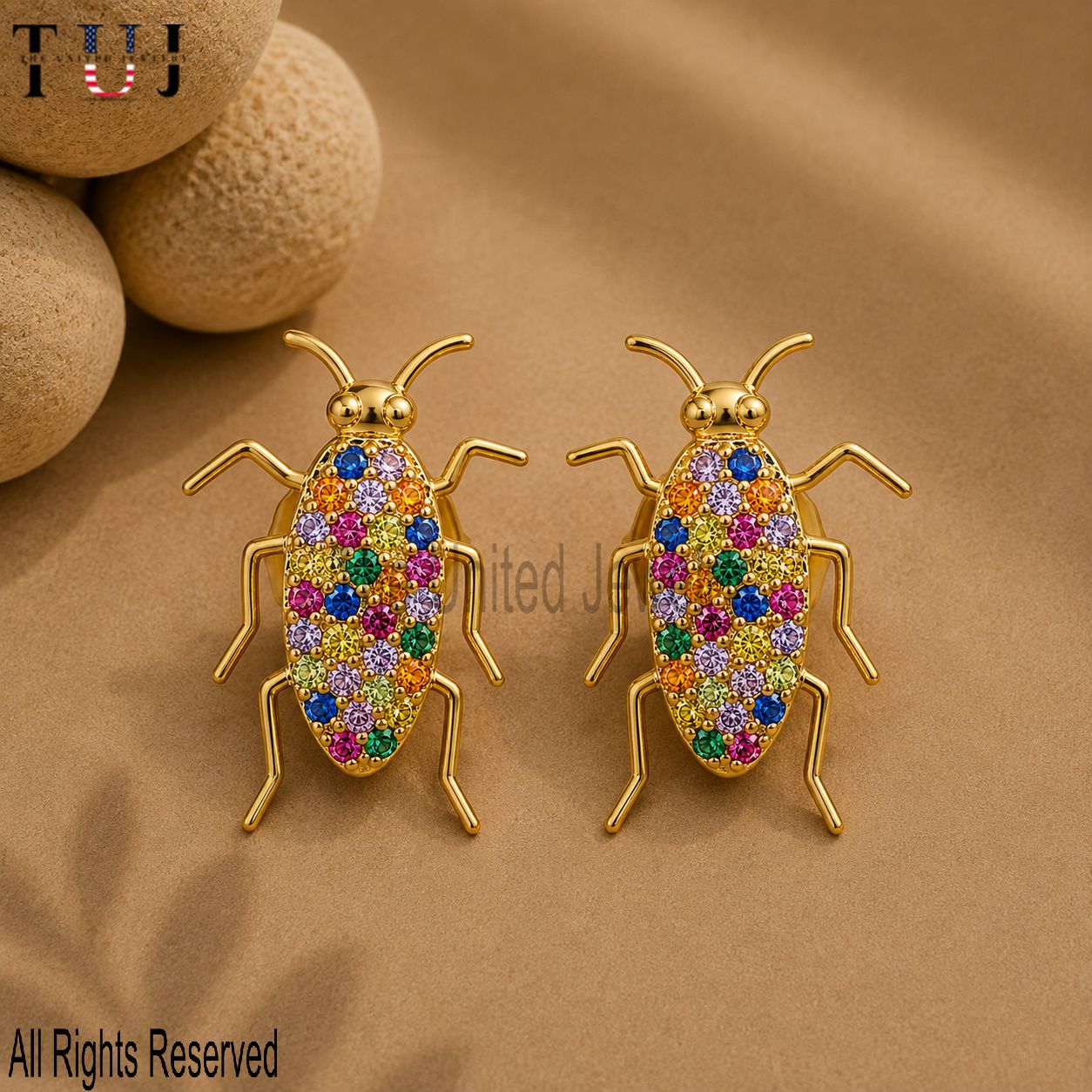 Handmade 925 Sterling Silver Bug Stud Earrings, Rainbow Sapphire Insect Earrings