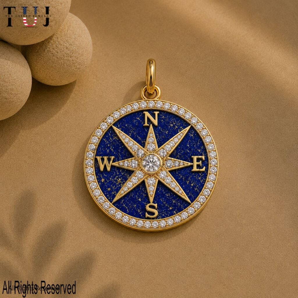Handmade 925 Sterling Silver Lapis Compass Pendant, Diamond North Star Medallion Charm