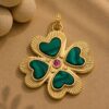 Handmade 925 Sterling Silver Malachite Four Leaf Clover Pendant, Gold Plated Lucky Charm Necklace