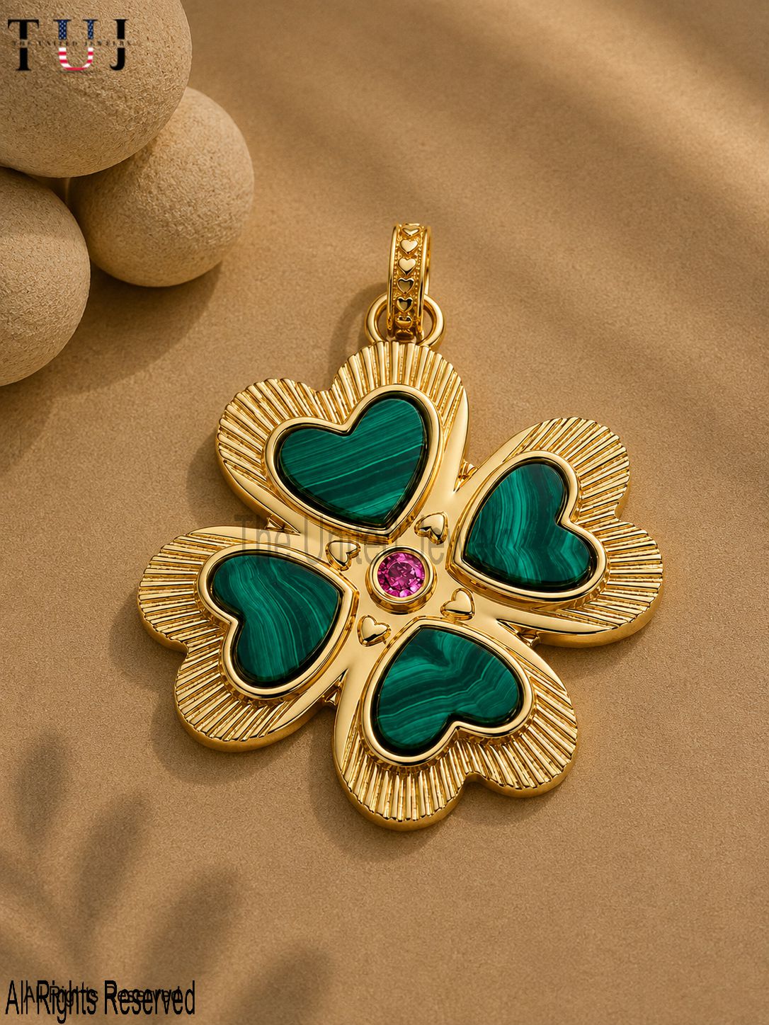 Handmade 925 Sterling Silver Malachite Four Leaf Clover Pendant, Gold Plated Lucky Charm Necklace