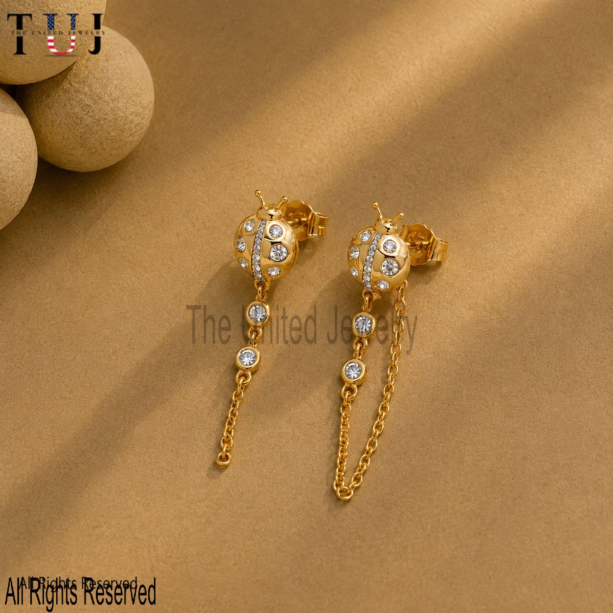 Handmade 925 Sterling Silver Ladybug Chain Earrings, Diamond CZ Insect Dangle Studs