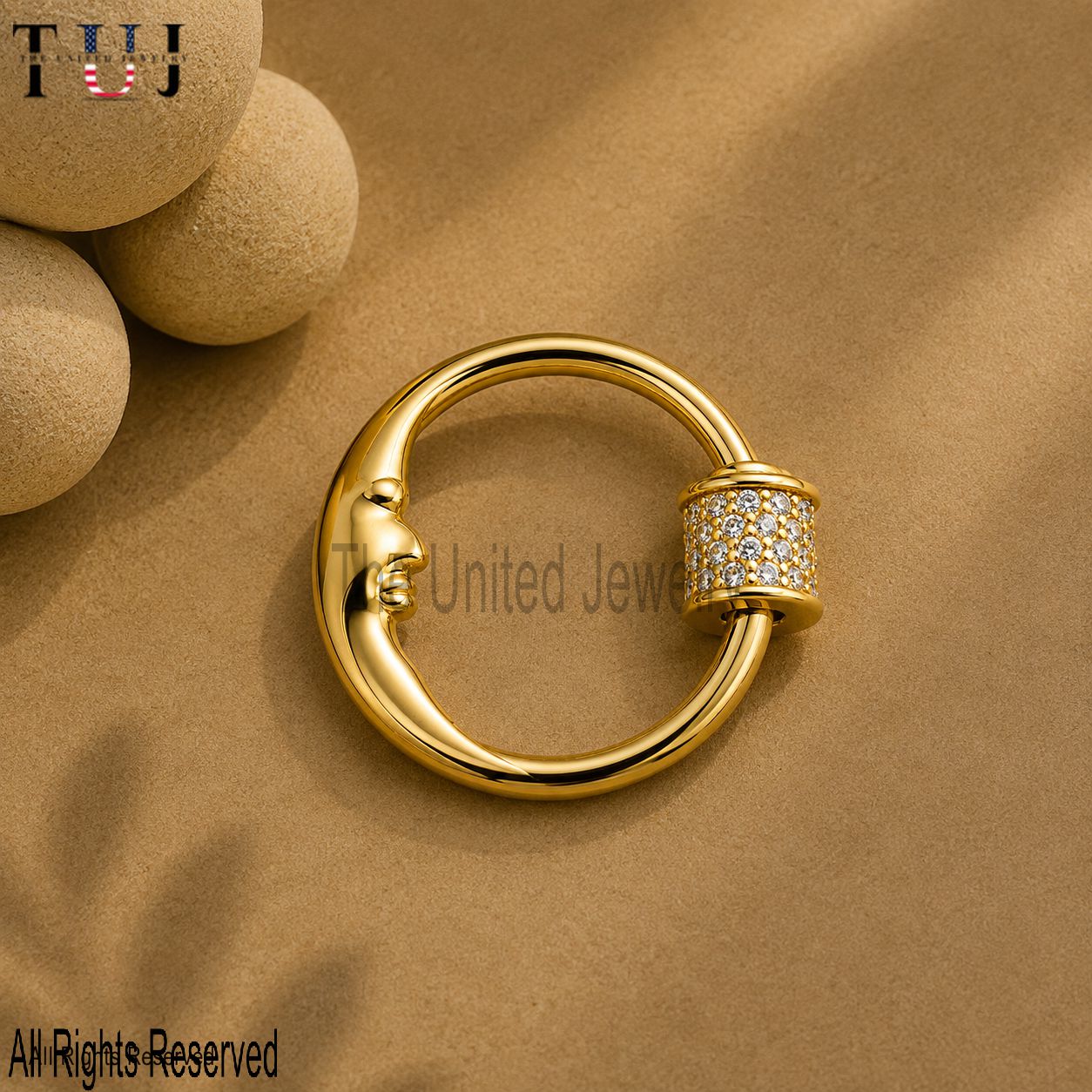 Gold Plated Sterling Silver Moon Face Carabiner Lock Pendant, Diamond Clasp Charm