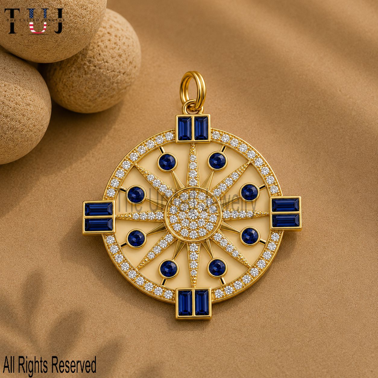Handmade 925 Sterling Silver Sapphire Compass Pendant, Diamond Halo Blue Gemstone Medallion