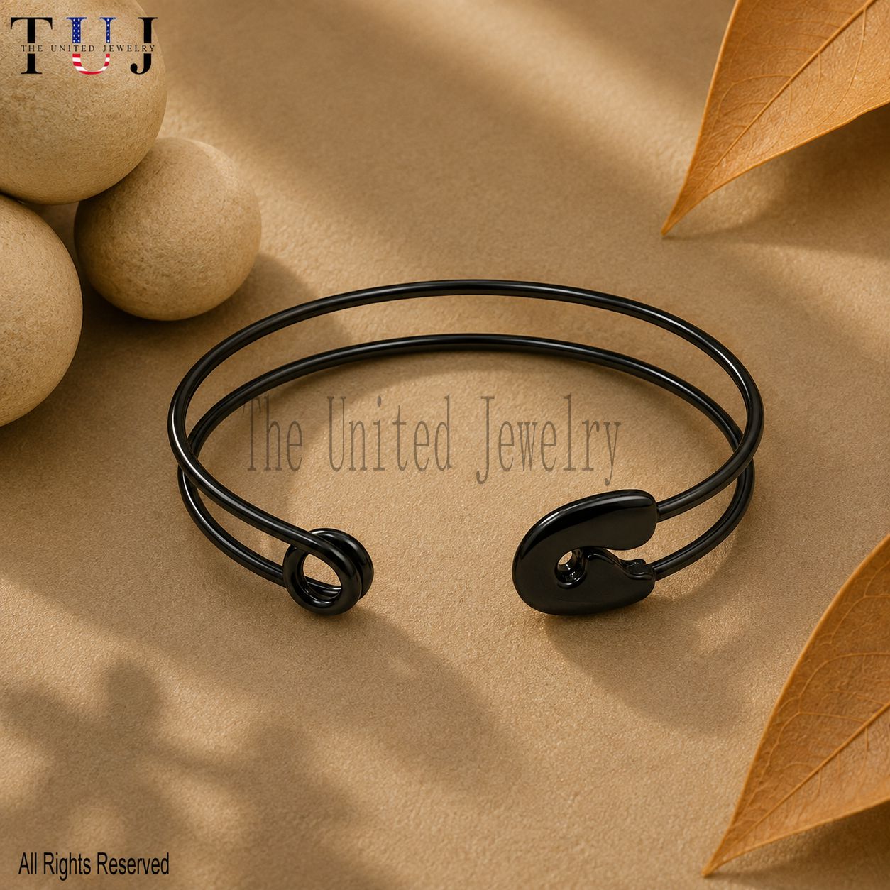 Sterling Silver Safety Pin Cuff Bracelet, Black Rhodium Open Bangle, Unisex Statement Jewelry