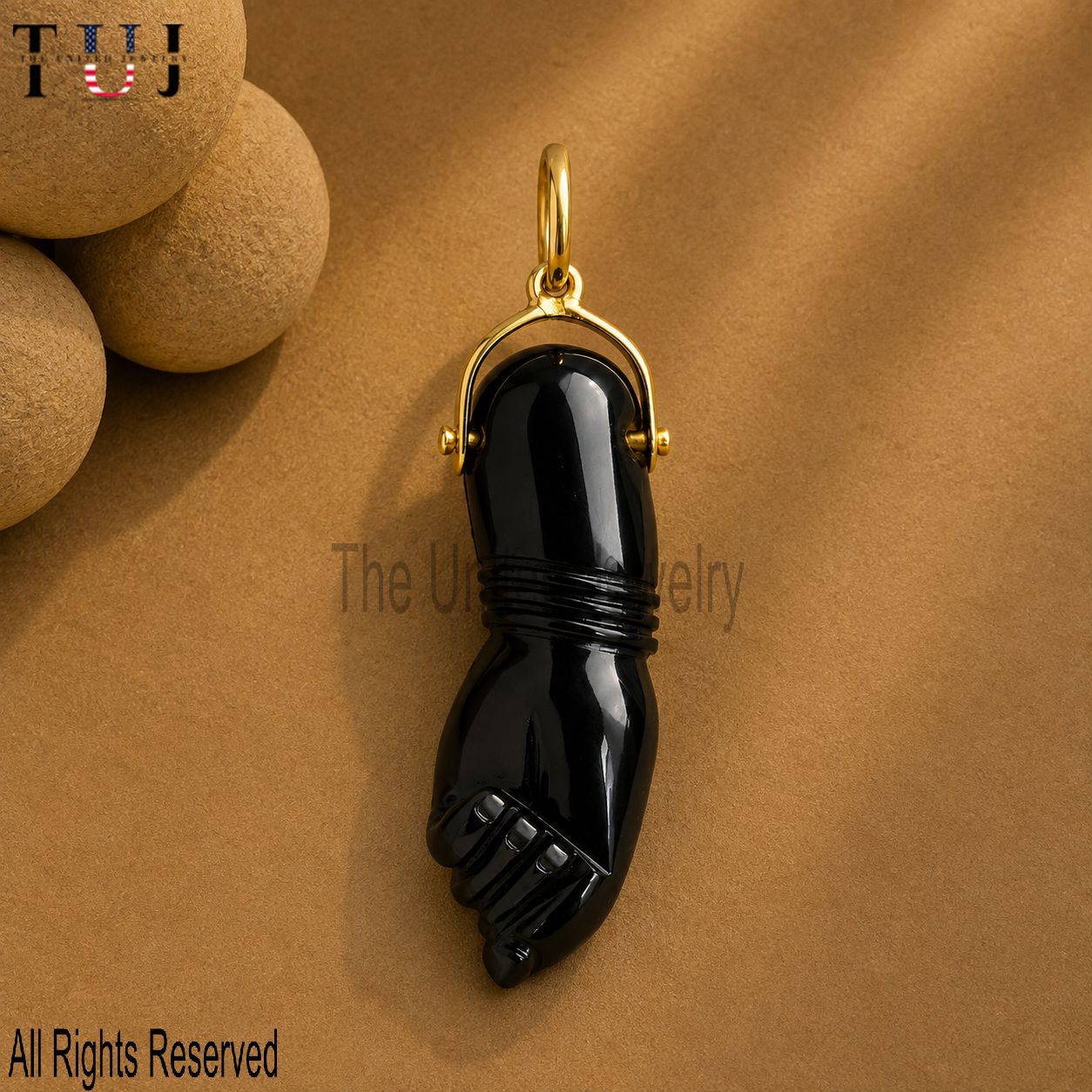Sterling Silver Black Onyx Figa Hand Pendant, Gold Plated Mano Fico Talisman Charm