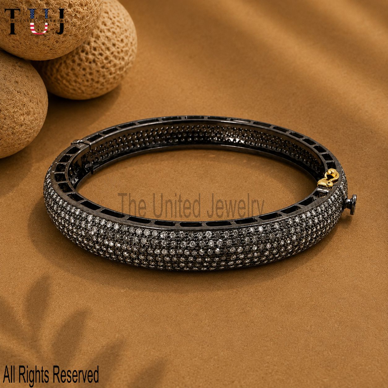 Black Rhodium Pavé Diamond Bangle Bracelet, Sterling Silver Hinged Statement Jewelry