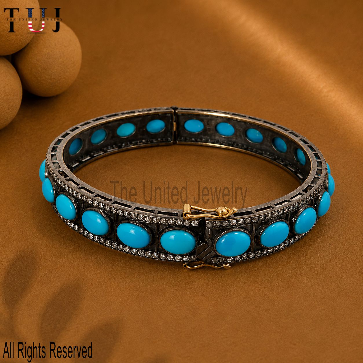 Turquoise and Pavé Diamond Bangle Bracelet in 925 Sterling Silver, Black Rhodium Hinged Bracelet