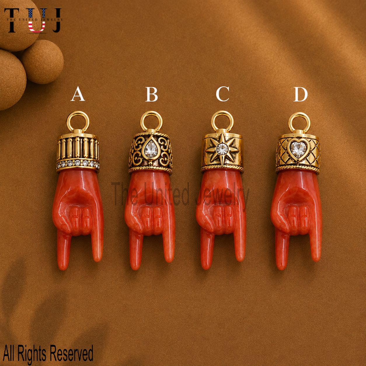 925 Sterling Silver Carnelian Mano Cornuto Pendant, Italian Horn Hand Charm, Red Protection Hand