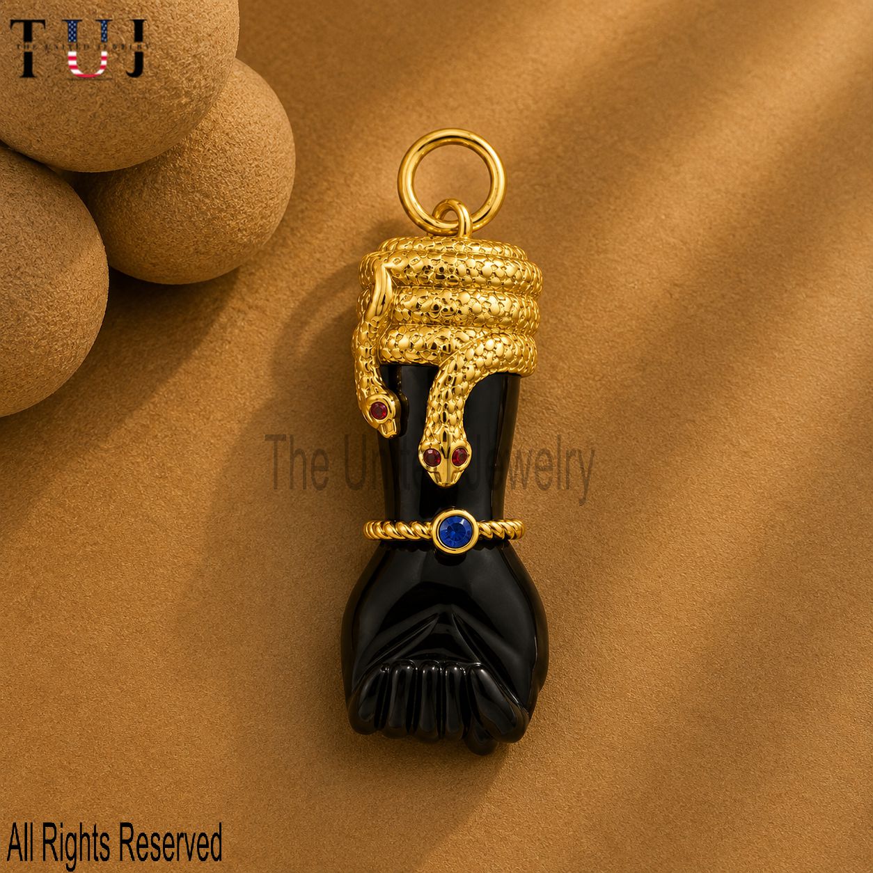 925 Sterling Silver Black Onyx Figa Hand Snake Pendant