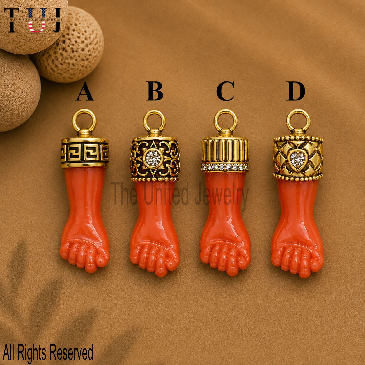 Sterling Silver Carnelian Figa Hand Pendant, Gold Plated Lucky Protection Charm