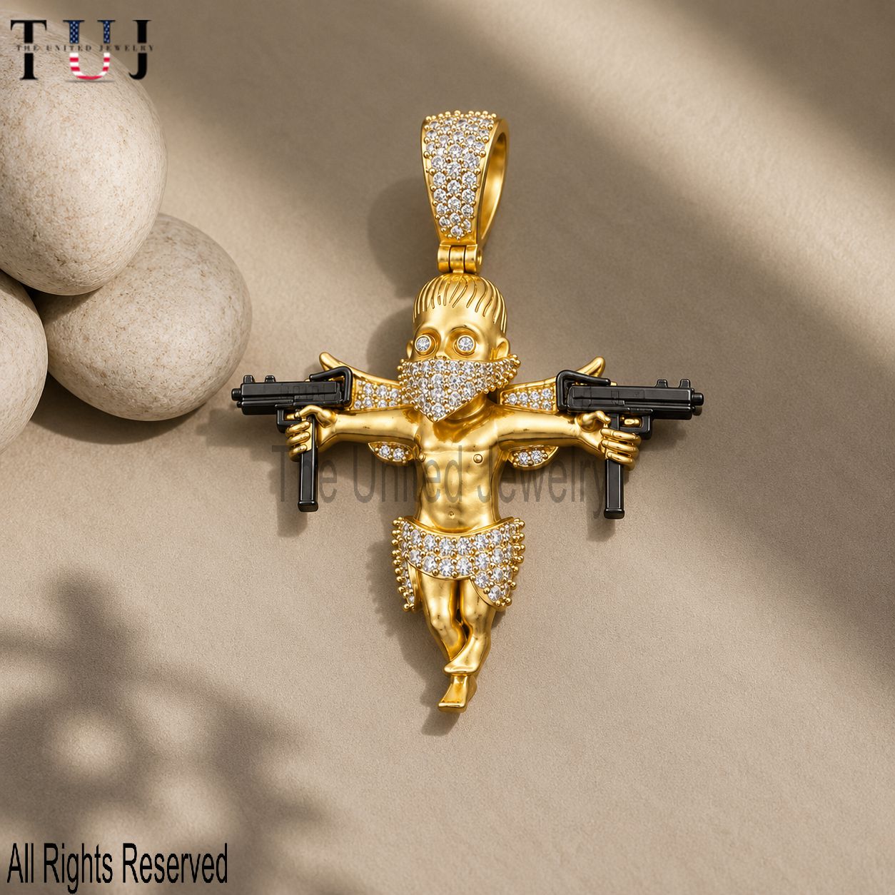 925 Sterling Silver Hip Hop Baby Pendant, Gold Plated Iced Out Charm, CZ Diamond Gun Pendant