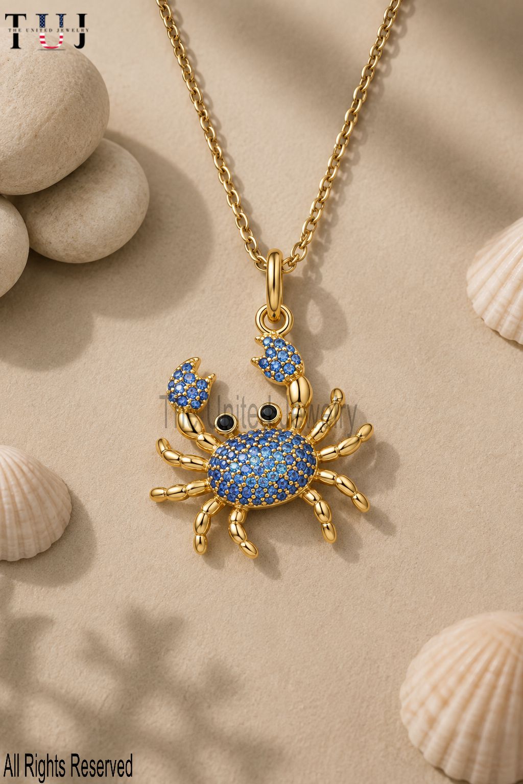 Sterling Silver Crab Necklace, Blue Crystal Ocean Pendant, Beach Nautical Jewelry