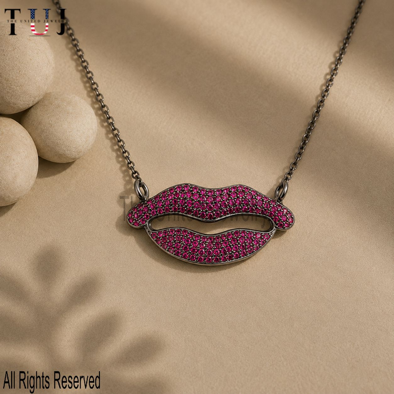 925 Sterling Silver Pave Ruby Lips Pendant Necklace, Statement Mouth Jewelry