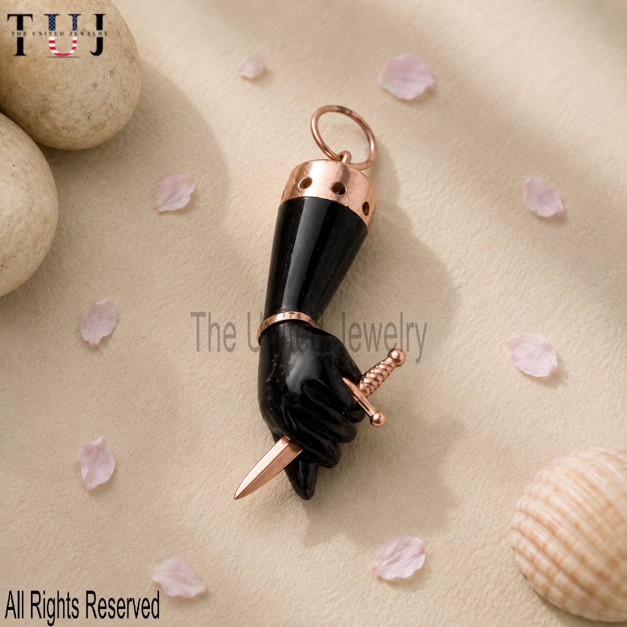 Sterling Silver Black Onyx Figa Hand Pendant: Good Luck Amulet