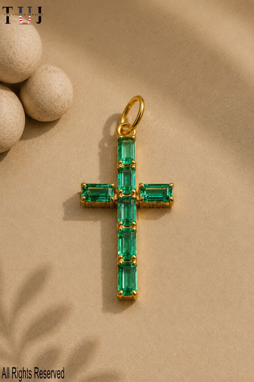 14K Gold Emerald Baguette Cross Pendant, Minimalist Religious Charm
