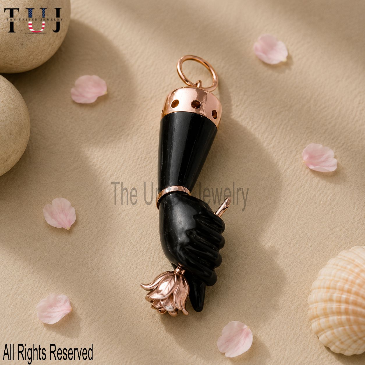 Sterling Silver Black Onyx Figa Hand Pendant: Good Luck Amulet