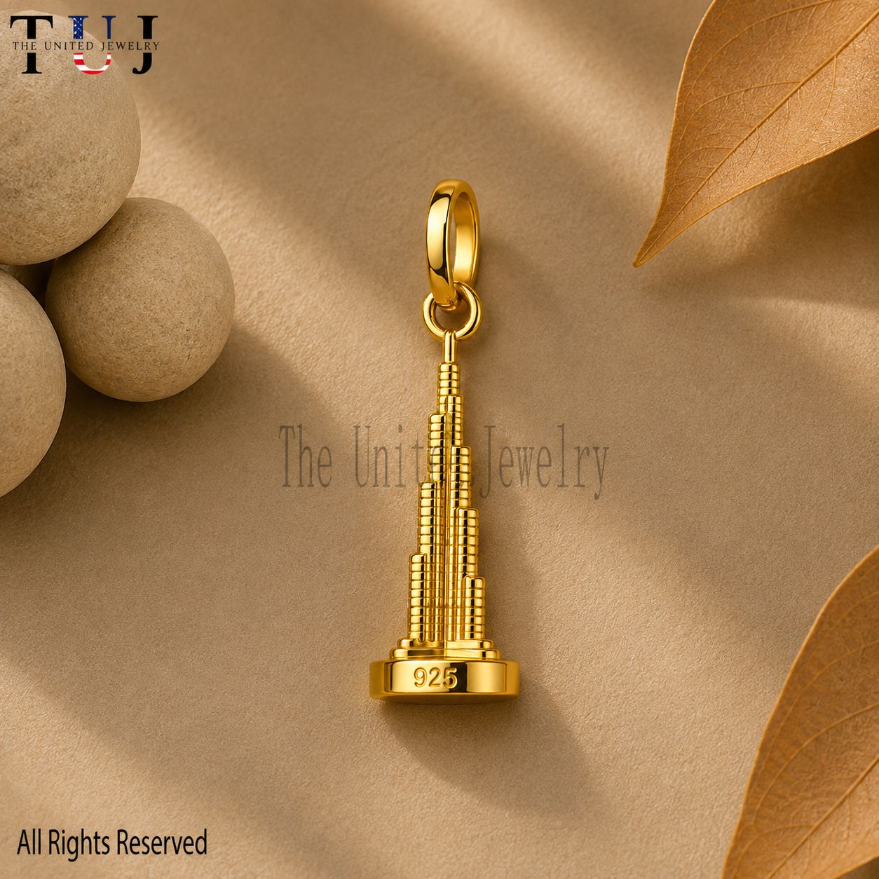 Gold Plated Sterling Silver Burj Khalifa Pendant - Dubai Souvenir