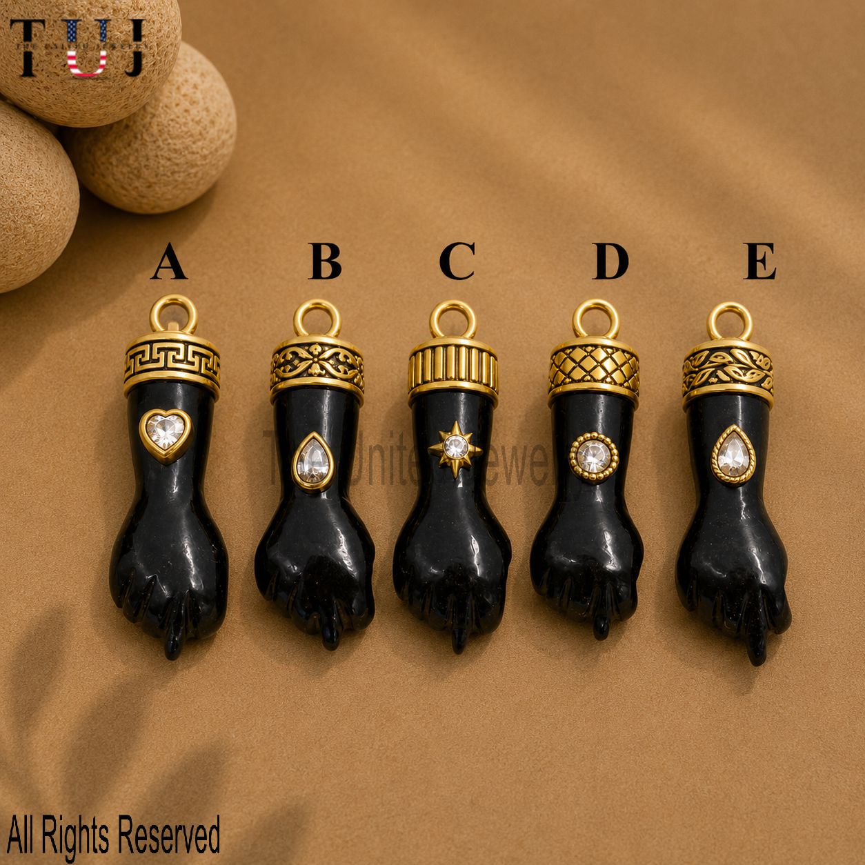 Sterling Silver Black Onyx Figa Hand Pendant, Italian Lucky Charm, Gold Protection Talisman