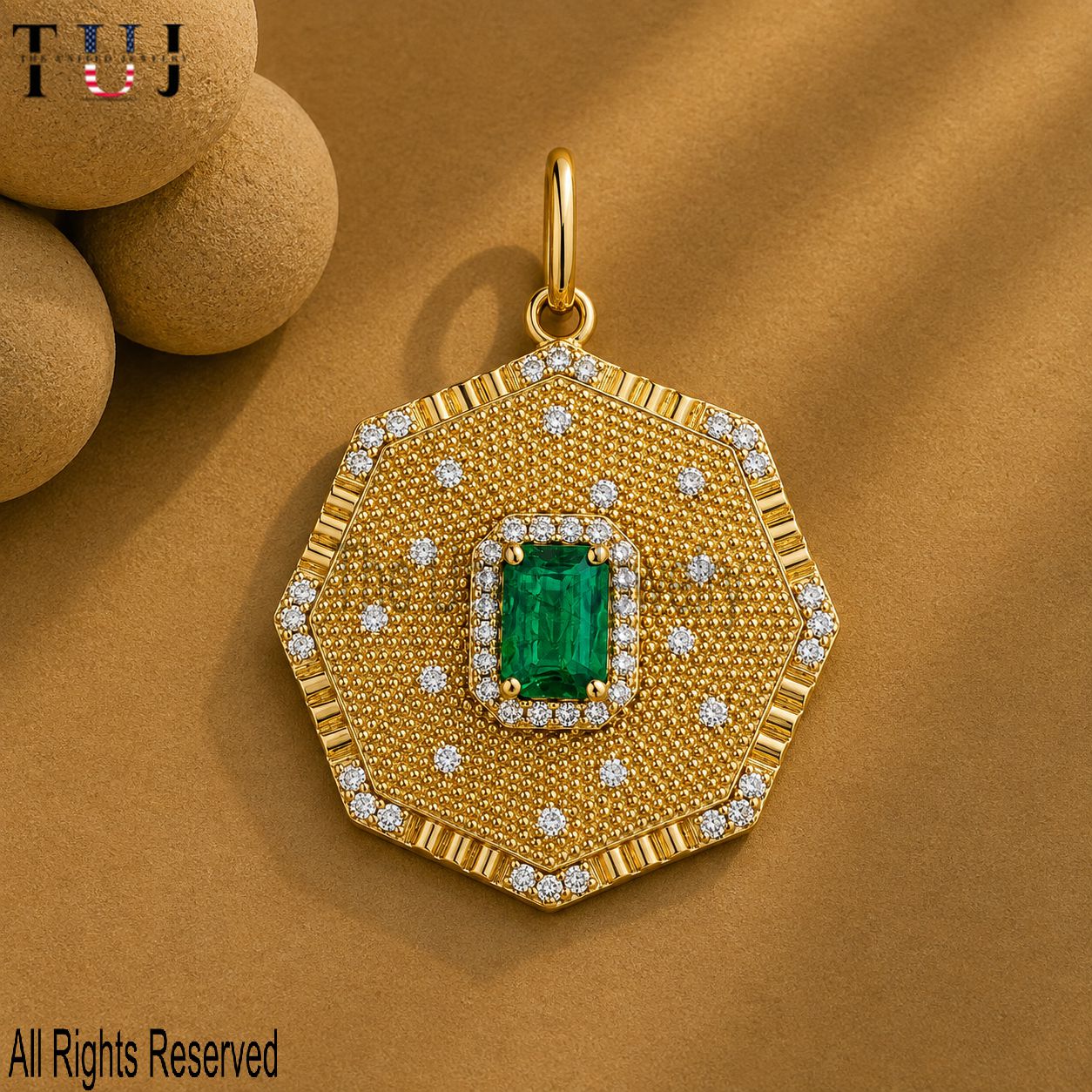 Handmade 925 Sterling Silver Emerald Hexagon Pendant, Diamond Halo Green Gemstone Charm