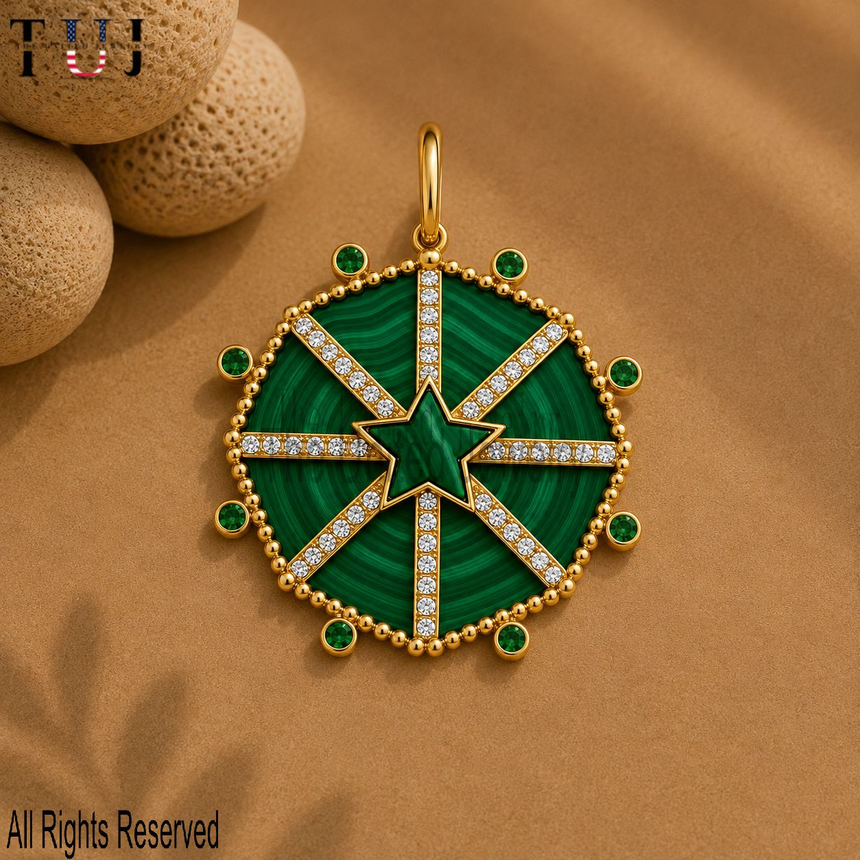 Handmade 925 Sterling Silver Malachite, Emerald & Diamond Charm Pendant