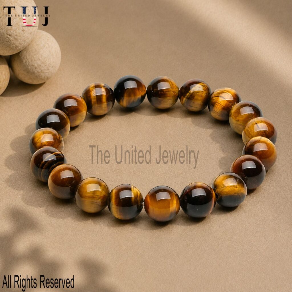 Natural Tiger Eye Gemstone Stretch Bracelet, Protection, Focus, Unisex Healing Crystal Jewelry