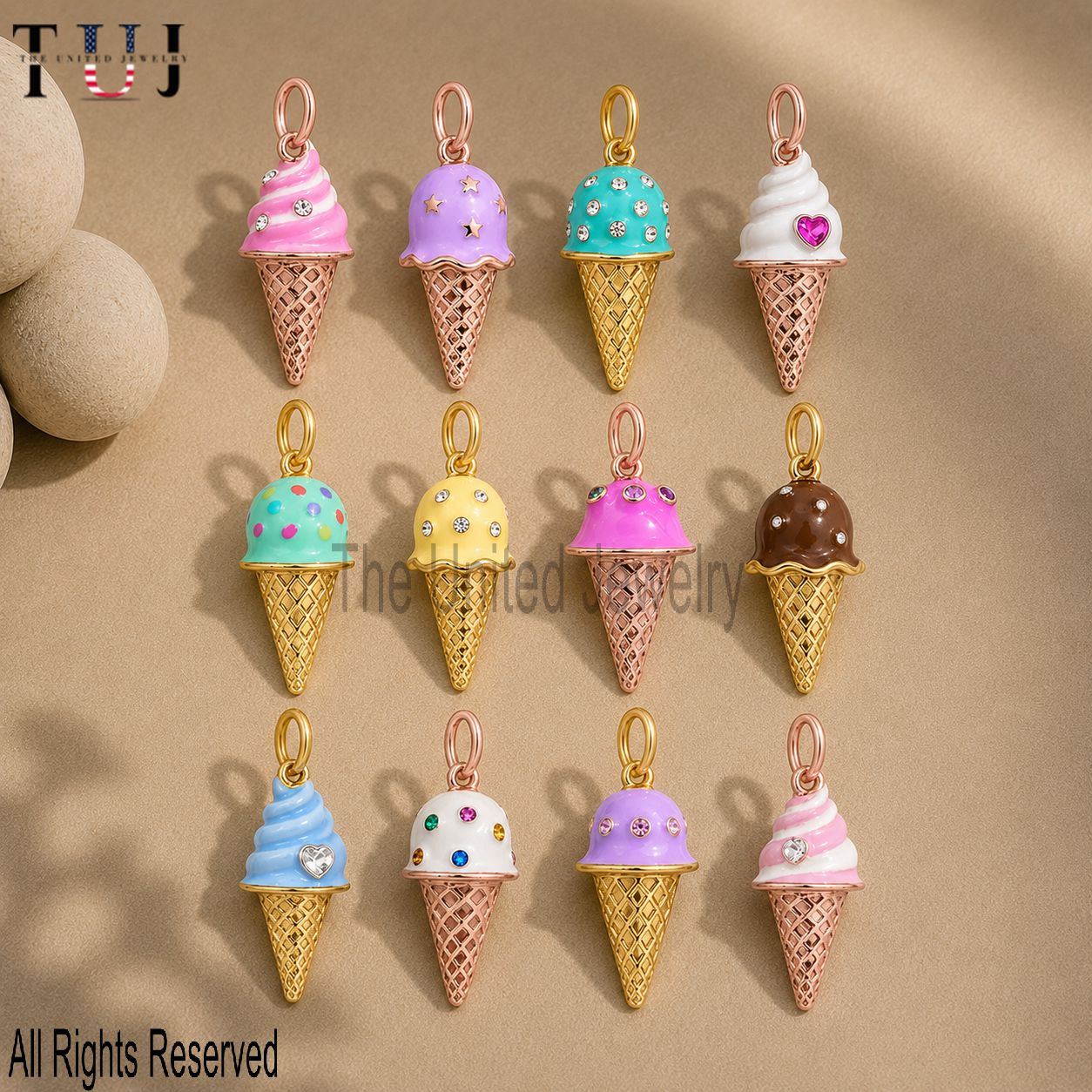 Sterling Silver Enamel Ice Cream Cone Charm Pendant, Gold Plated Dessert Jewelry