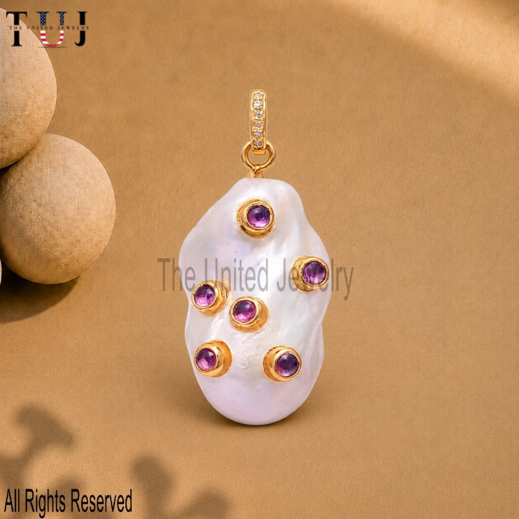 Baroque Pearl Pendant Gold, Pink Stone Pearl Charm, Unique Statement Necklace, Gift for Her
