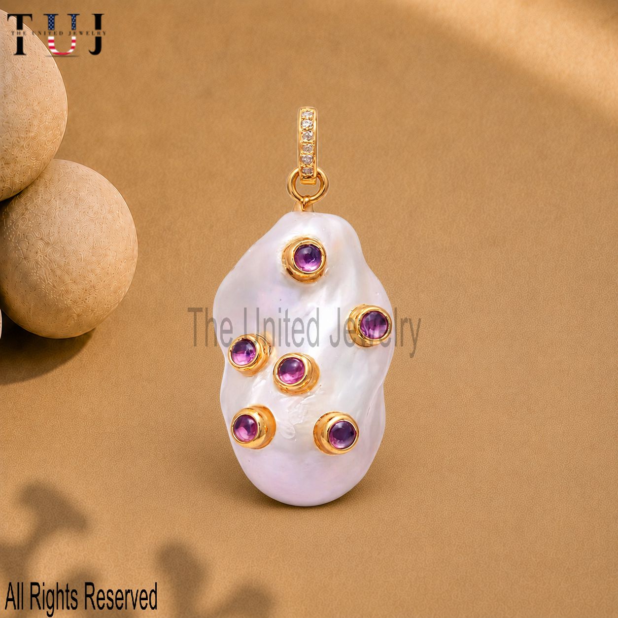 Baroque Pearl Pendant Gold, Pink Stone Pearl Charm, Unique Statement Necklace, Gift for Her