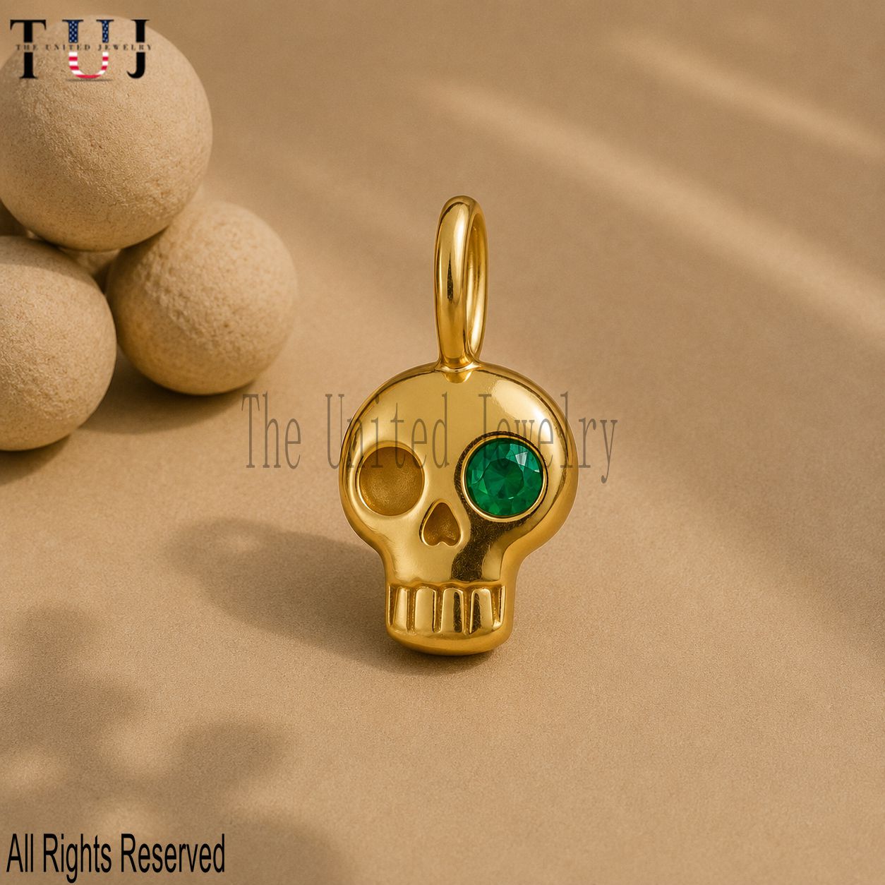 Gold Skull Pendant, Emerald Green Eye, 925 Sterling Silver