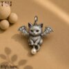 Sterling Silver Bat Wing Cat Pendant, Gothic Pearl Drop Necklace