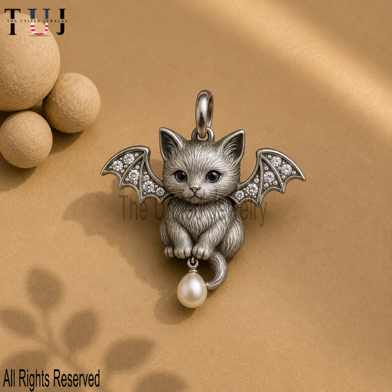 Sterling Silver Bat Wing Cat Pendant, Gothic Pearl Drop Necklace
