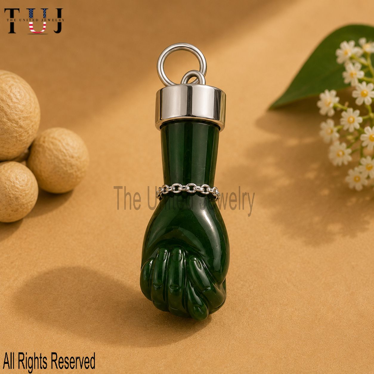 Carved Gteen Onyx Figa Hand Lucky Charm Pendant 925 Sterling Silver Jewelry