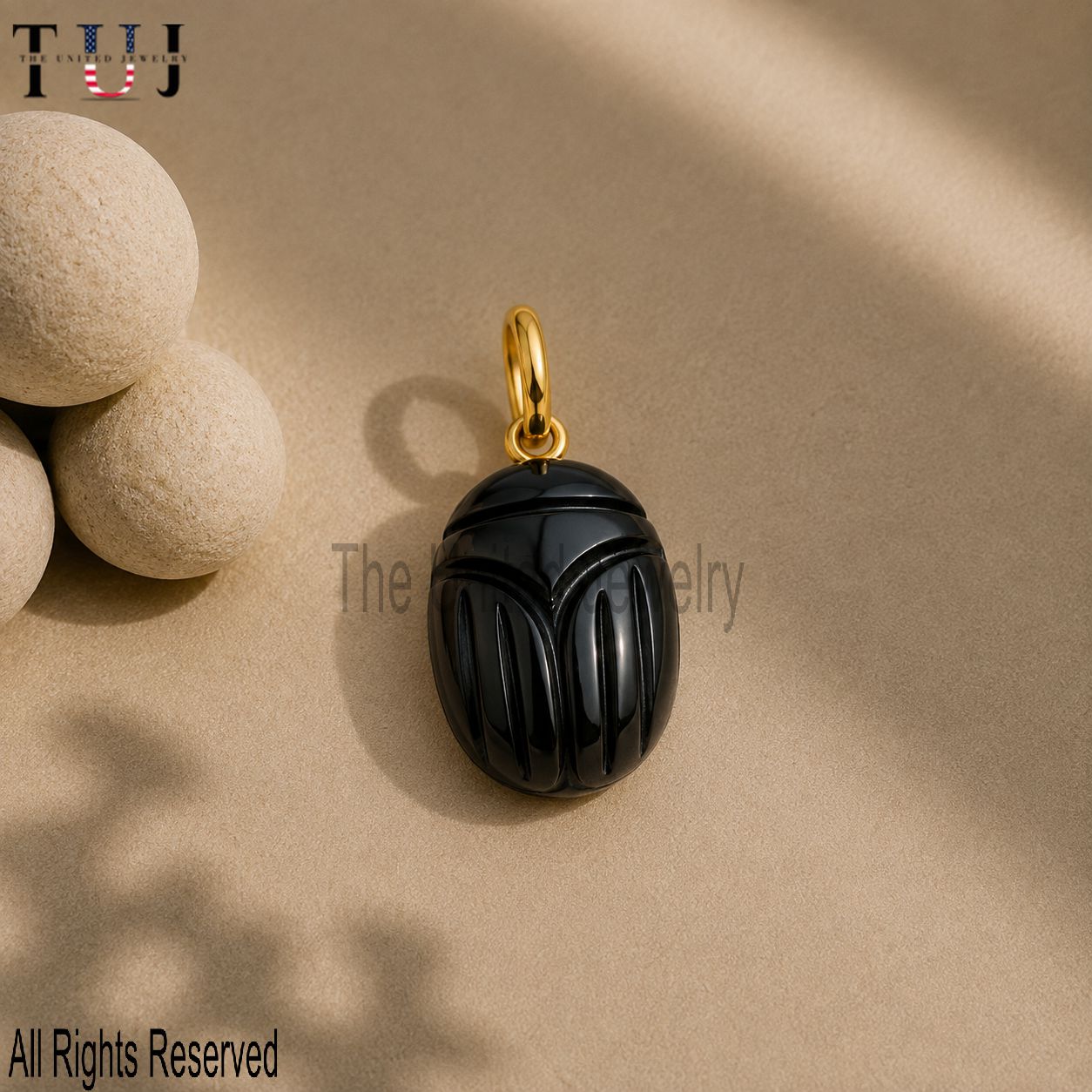 925 Sterling Silver Hand-Carved Black Onyx Scarab Pendant, Egyptian Beetle Charm