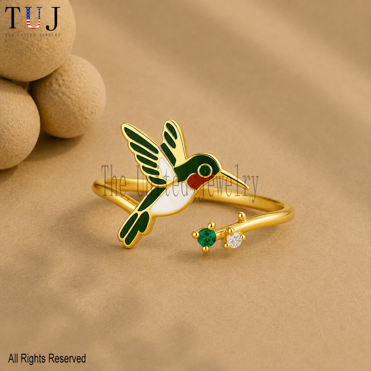 Gold Plated Sterling Silver Hummingbird Ring, Enamel CZ, Adjustable