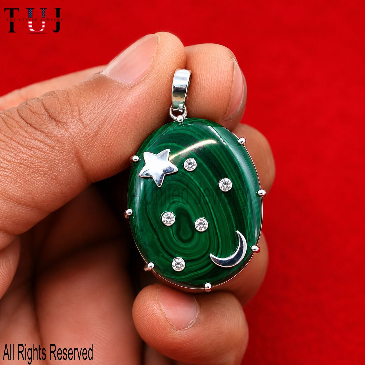 925 Sterling Silver Malachite Pendant, Star Moon Celestial Necklace Charm, Oval Green Stone Pendant