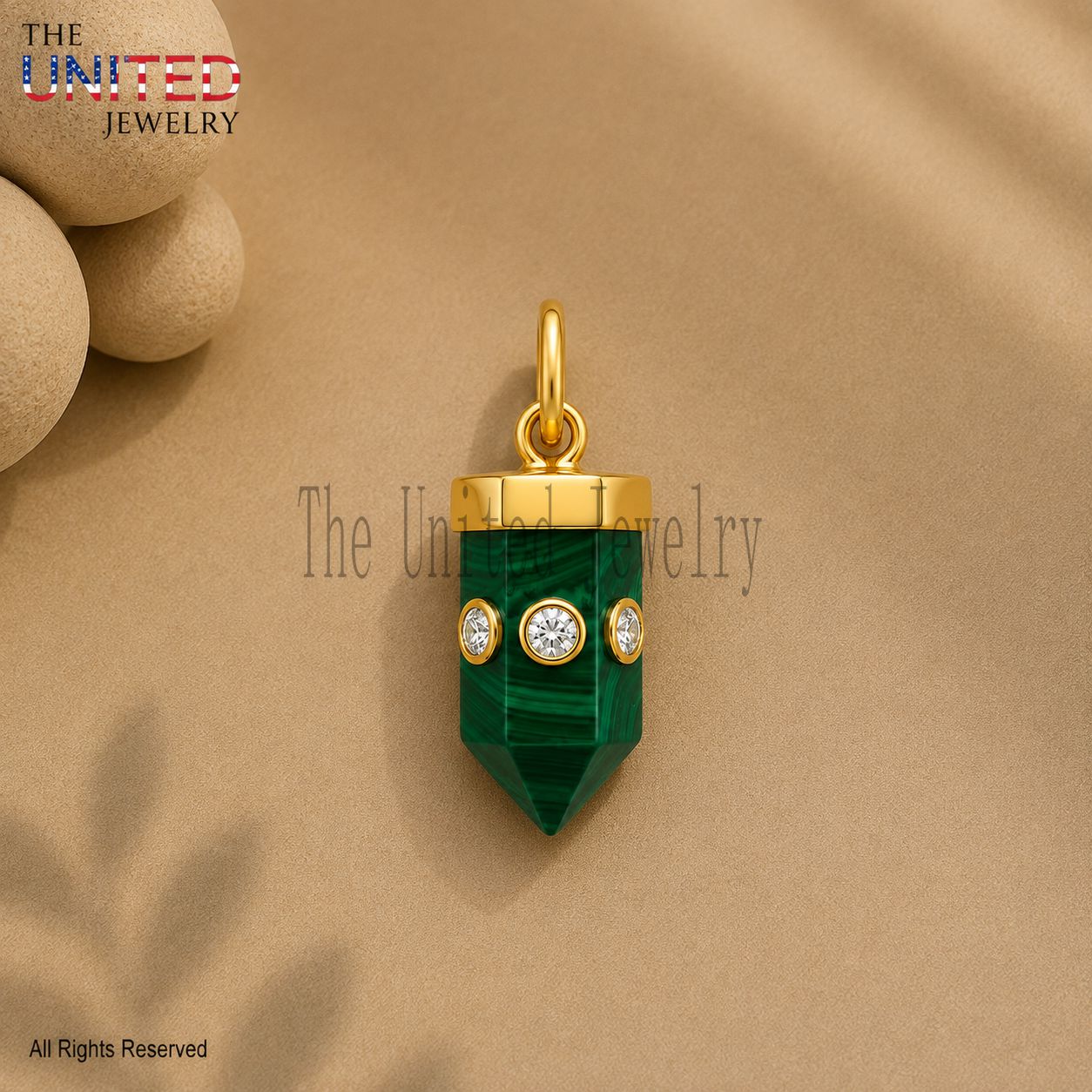 925 Sterling Silver Malachite Pencil Pendant, White Moissanite Gemstone Charm, Crystal Point Necklace
