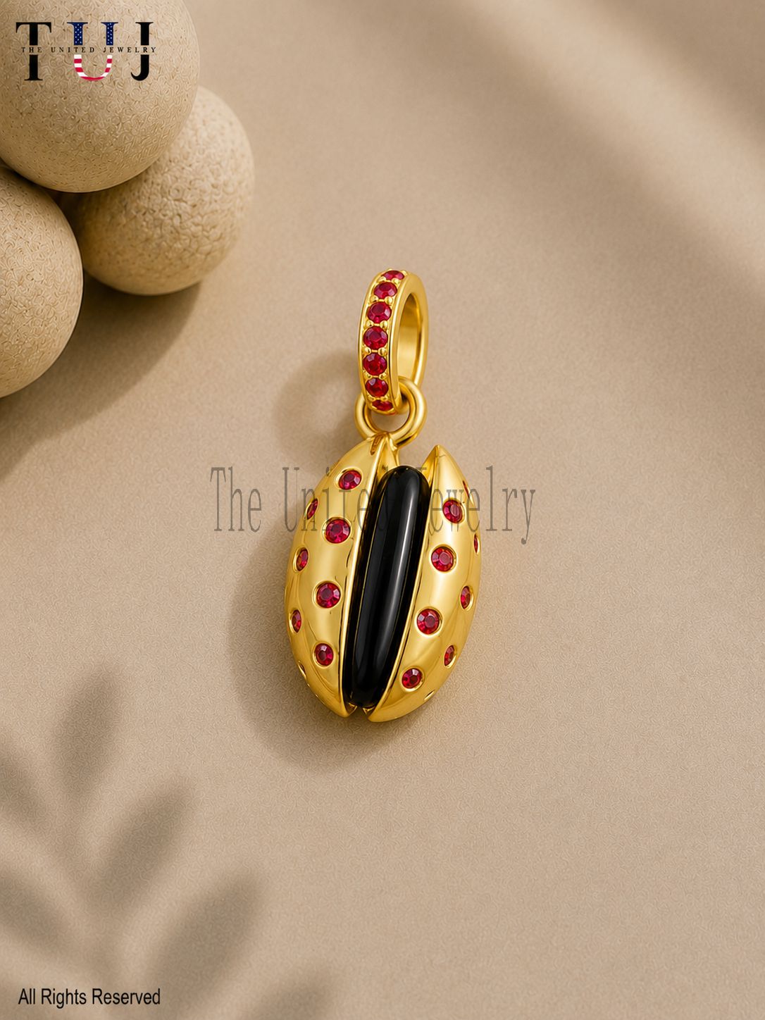 Sterling Silver Ladybug Pendant, Black Pistachio Gemstone, Ruby CZ Charm